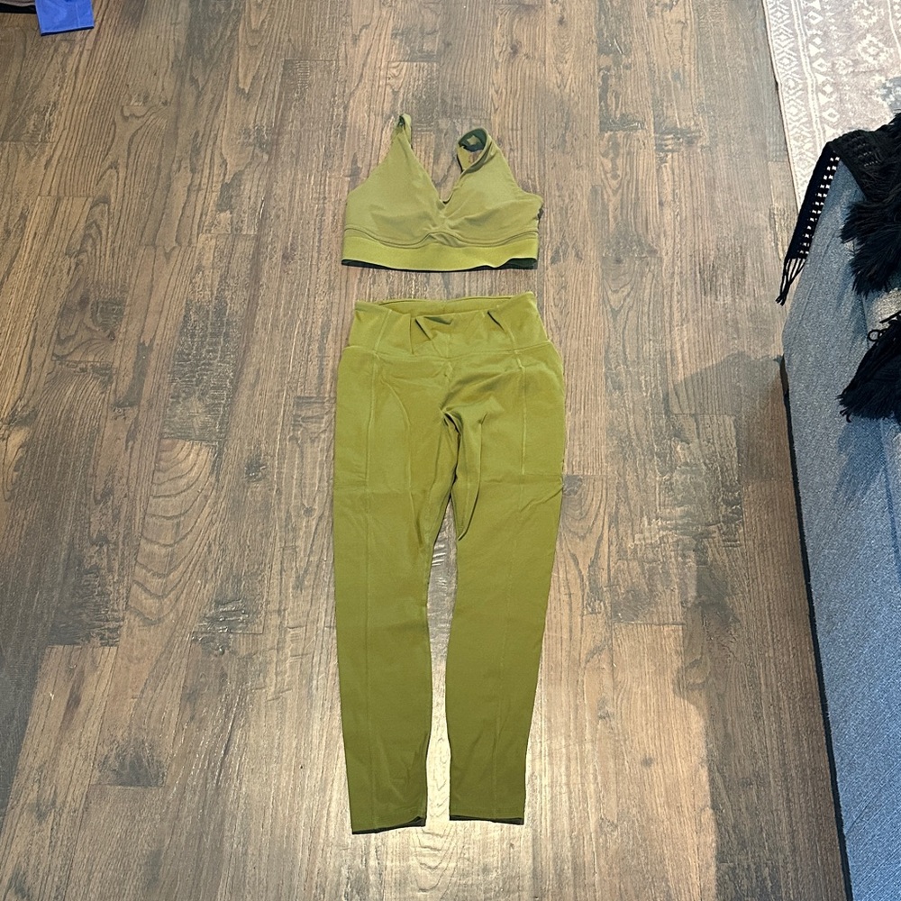 Fabletics Olive Green Leggings and Sports Bra Set